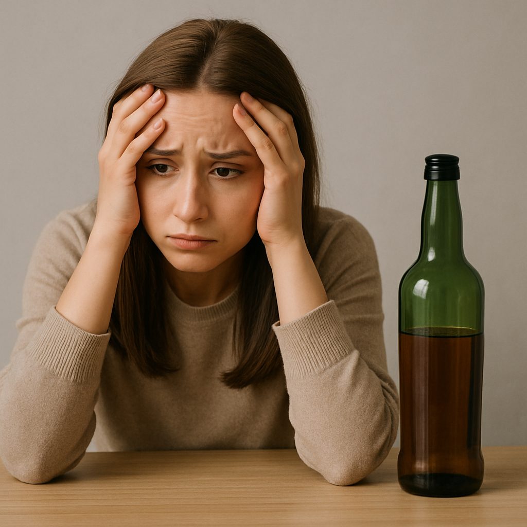 Personne anxieuse avec bouteille d'alcool à côté
