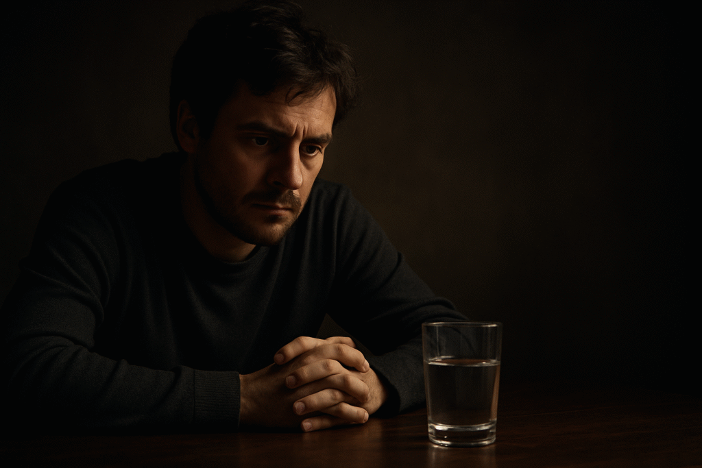 Personne préoccupée regardant un verre